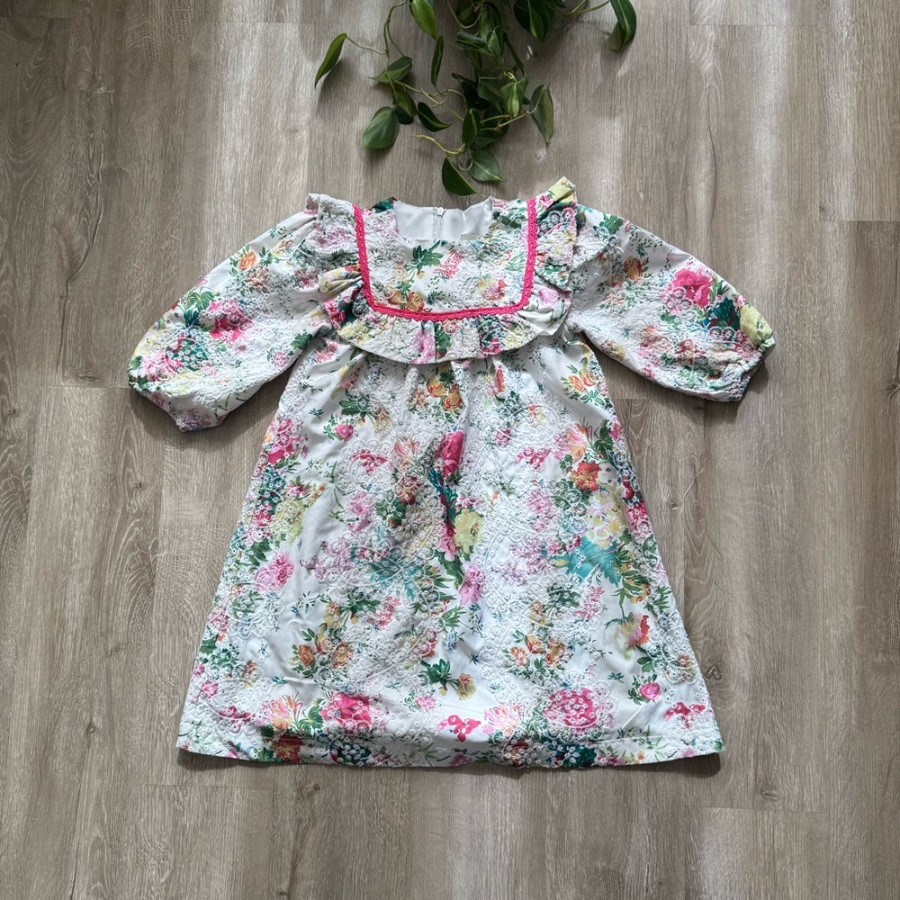 Girls Vintage Style Floral Print Eyelet Embroidered Cotton Dress